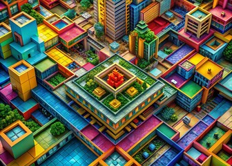 Fototapeta premium Abstract Colorful Isometric Geometric Shapes with Architectural Background for Modern Design Projects