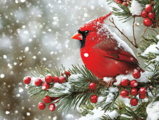 Winter cardinal on snowy pine branch with red berries for holiday decor and greeting cards