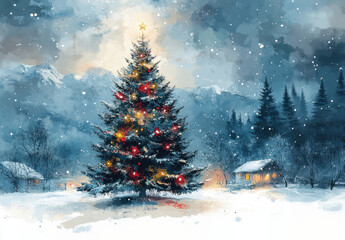 Winter wonderland christmas scene with snow-covered trees and cozy cabins