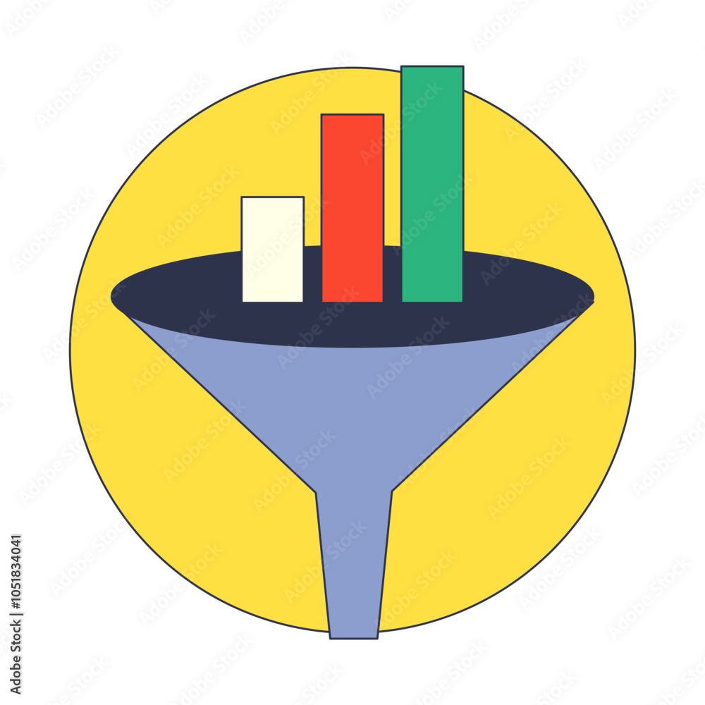 Poster a funnel with bar graphs symbolizes data filtering and analysis.
