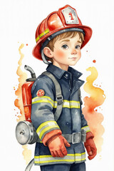 Watercolor Illustration of Young Boy in Firefighter Uniform with Protective Gear and Equipment Against Orange Background