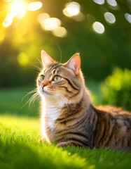 Obraz premium A cat is sitting on a green grass with blur green bokeh background