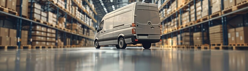 A delivery van is parked in a spacious warehouse filled with stacked boxes, showcasing a busy logistics environment.