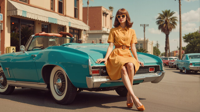 Stylish Woman in Vintage Dress Posing on Classic Convertible Car in Retro 1960s Downtown. Vintage fashion, automotive nostalgia, or mid-century americana themes.