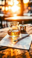 Obraz premium Glass of Drink on Wooden Table with Pen and Paper.