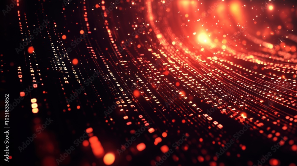 Poster digital data streams glowing in red hues, abstract background with particles