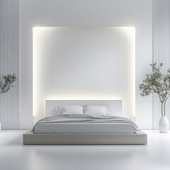 front view of a bed, including the walls and ceiling. The bedroom is white and modern