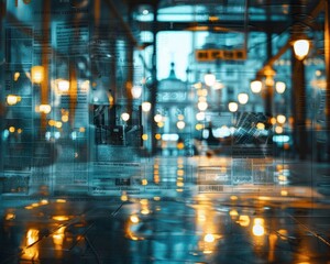 Obraz premium A vibrant city street illuminated by glowing lights and reflections, creating a lively urban atmosphere.