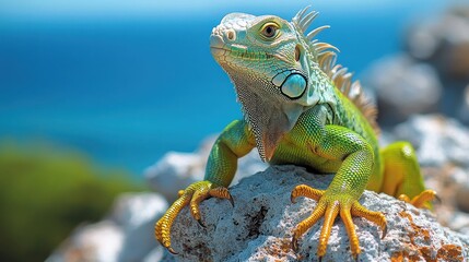 Fototapeta premium A vibrant green iguana perched on a rock by the ocean.