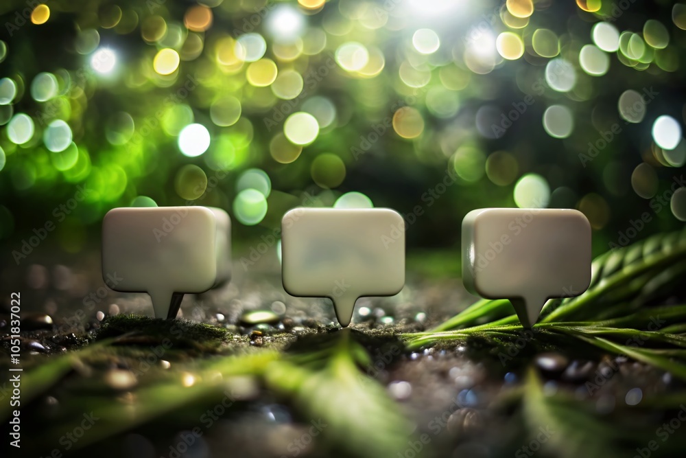 Poster abstract white speech bubbles on a colorful tilt-shift background for creative communication concept
