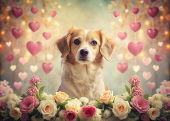 Adorable Cute Dog Surrounded by Hearts and Flowers for Valentine's Day Wallpaper