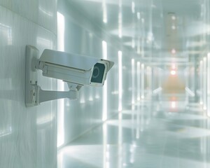 A sleek surveillance camera is mounted in a futuristic, well-lit hallway, highlighting modern security technology in a minimalistic environment.