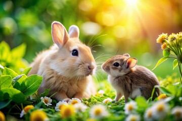 Fototapeta premium Adorable Rabbit and Hamster Friendship in a Panoramic Garden Setting