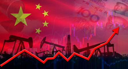 Oil production with China flag, petrol industry. Oil pumps with China flag on economic graph
