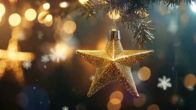 Gold star light hanging on dark background. Happy New Year. Merry Christmas animated greeting card. Winter holiday background. Merry Christmas 4k background. 
