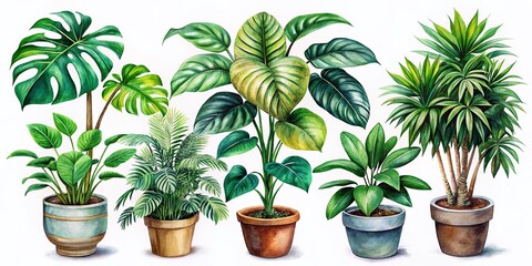 Obraz premium Aerial Photography of Watercolor Indoor Plants on White Background for Design Elements
