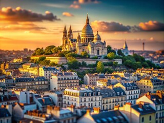Obraz premium Aerial Tilt-Shift View of Paris at Sunset Featuring Montmartre and Sacre-Coeur Basilica