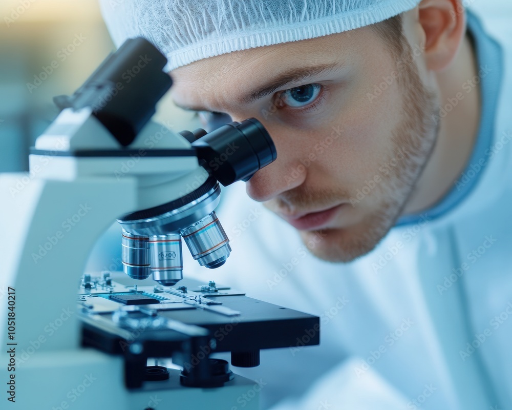 Poster a scientist examining samples through a microscope, showcasing the precision and focus required in l