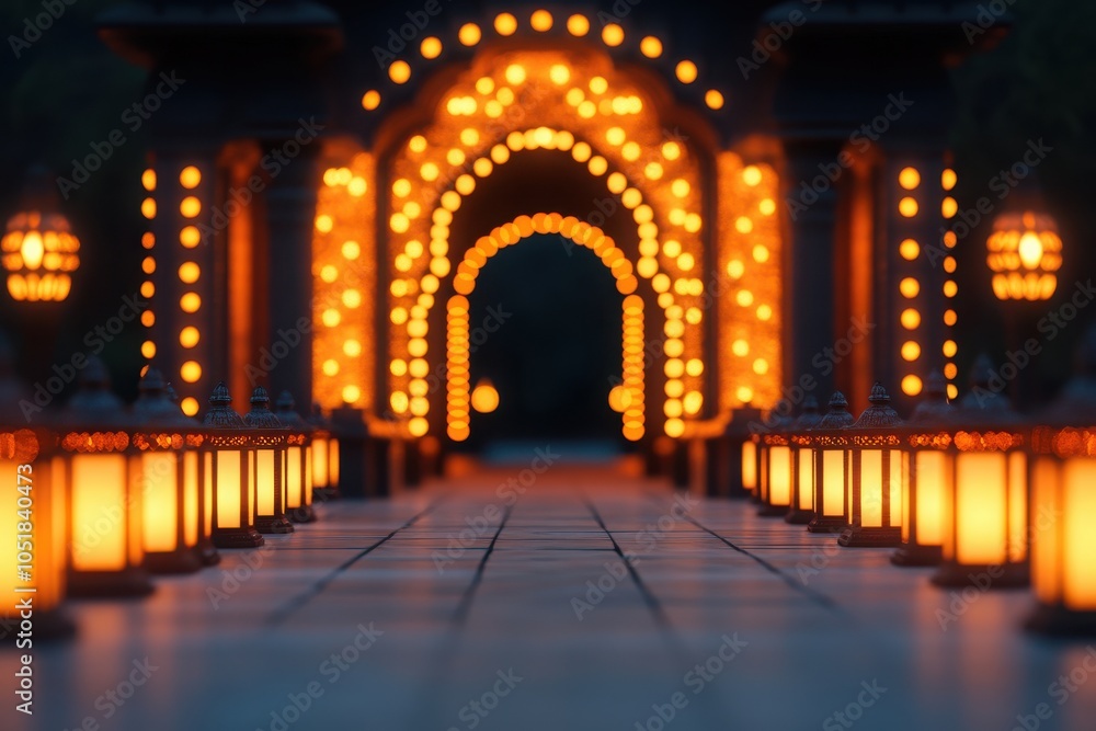 Poster a stunning archway illuminated by warm lights, creating a magical pathway filled with lanterns, perf