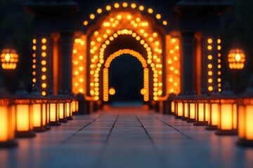 Obraz premium A stunning archway illuminated by warm lights, creating a magical pathway filled with lanterns, perfect for nighttime events.