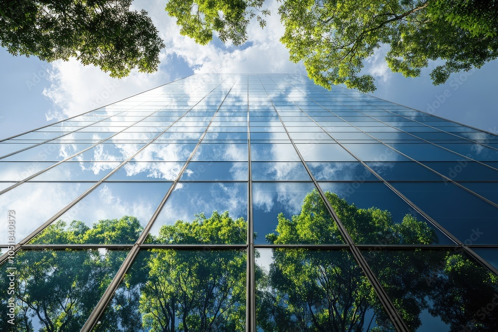 Poster glass building with sky and trees reflected. perfect for concepts of sustainability and modern archi