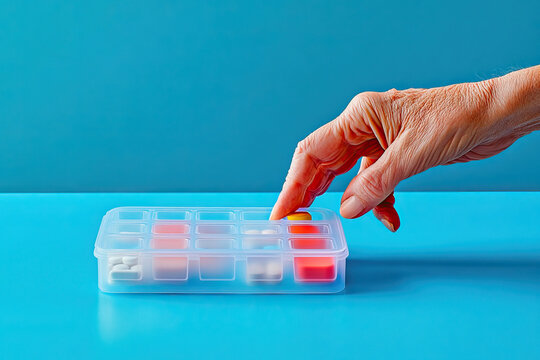 Hand of senior person taking pills from a pillbox isolated on blue