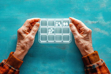 Hand of senior person taking pills from a pillbox isolated on blue