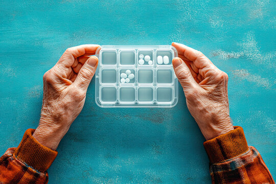 Hand of senior person taking pills from a pillbox isolated on blue
