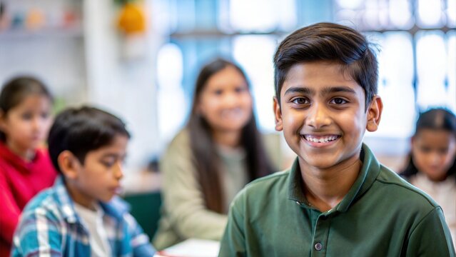 An Indian student participating in community service, with a blurred background of an educational outreach program.
