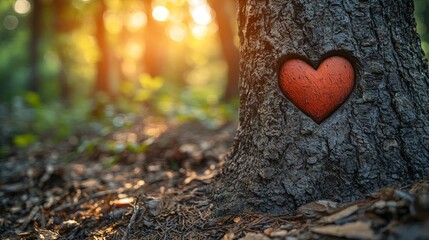 A heart-shaped carving on a tree trunk in a sunlit forest setting.