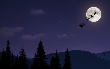 Fairytale story: Santa Claus's carriage pulled by reindeer carries Christmas presents at night...