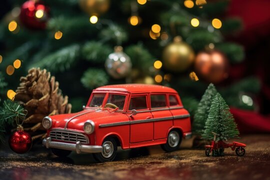 Fototapeta Retro toy car christmas vehicle tree.