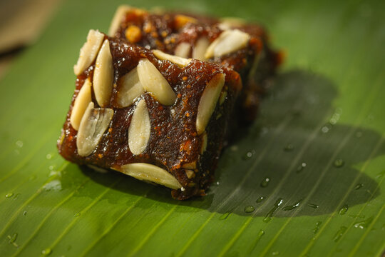 cashew halwa placed on banana leaf,an indian sweet