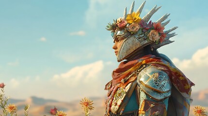 Fototapeta premium Warrior Woman with Flower Crown in a Desert Landscape.