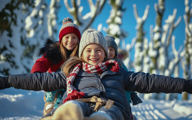 Joyful winter adventures: children sledding in the snow against the backdrop of tall pine trees in the snow. Winter joys. Childhood.