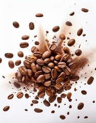 Obraz premium Explosión de granos de café arabica tostatos, Fondo blanco