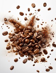 Obraz premium Explosión de granos de café arabica tostatos, Fondo blanco