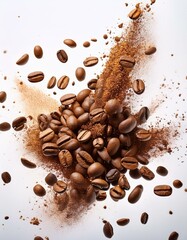 Obraz premium Explosión de granos de café arabica tostatos, Fondo blanco