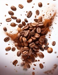 Obraz premium Explosión de granos de café arabica tostatos, Fondo blanco