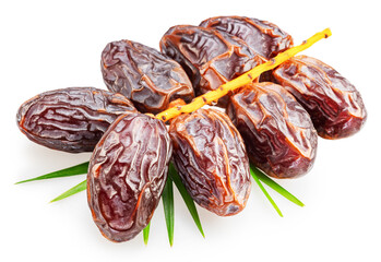 Cluster of ripe dry or soft dates palm fruit isolated on white background. File contains clipping path.