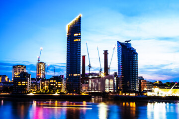 city skyline at night, buildings, London, office, multiple exposure, 30 seconds, panorama, Battersea, Chelsea, Flat,  Sailing, Maritime, Boating, Anchor, Ferry, Motorboat