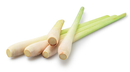 Fresh lemongrass or Cymbopogon grass stems and slices isolated on white background. Clipping paths.