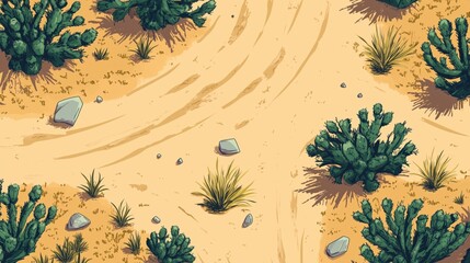 Desert landscape with cacti, rocks, and sandy paths