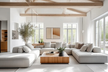 Rustic interior design of modern and nordic living room with grey sofa