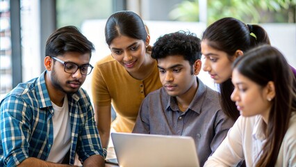Obraz premium A group of Indian students working together on a project, brainstorming ideas with a blurred classroom setting behind them. 