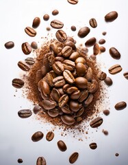 Obraz premium Explosión de granos de café arabica tostatos, Fondo blanco