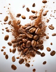 Obraz premium Explosión de granos de café arabica tostatos, Fondo blanco