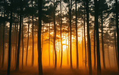 Obraz premium Sunset in the forest on the mountainside: sun rays break through the tree trunks during sunset.