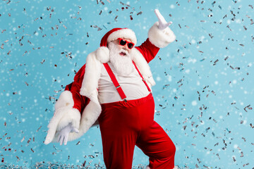 Photo of pensioner old man grey beard careless north pole closed party dance having fun colorful...