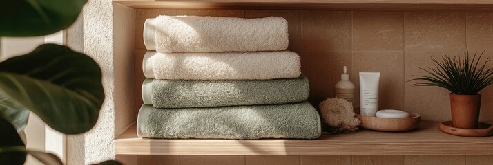 Set of Soft Pastel Plush Terry Towels Neatly Folded in Cozy Elegant Bathroom